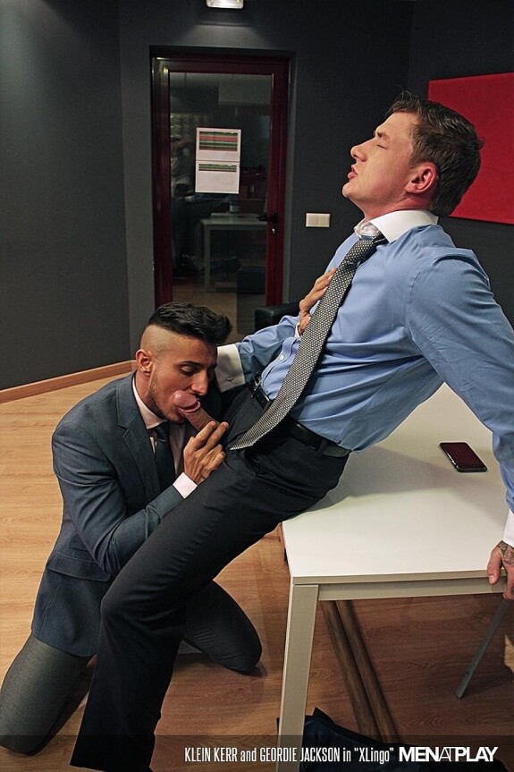 Hunky gay workmates Geordie Jackson & Klein Kerr have a wild anal quickie