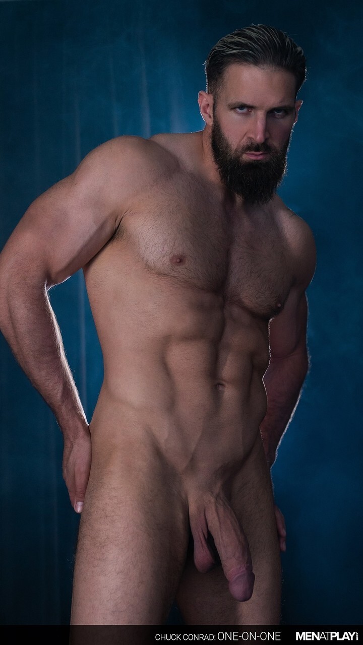 Muscular gay shows off his athletic naked body and his big dick