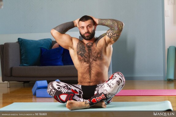 Muscular gay Markus Kage has anal sex with a hot bottom during a yoga session