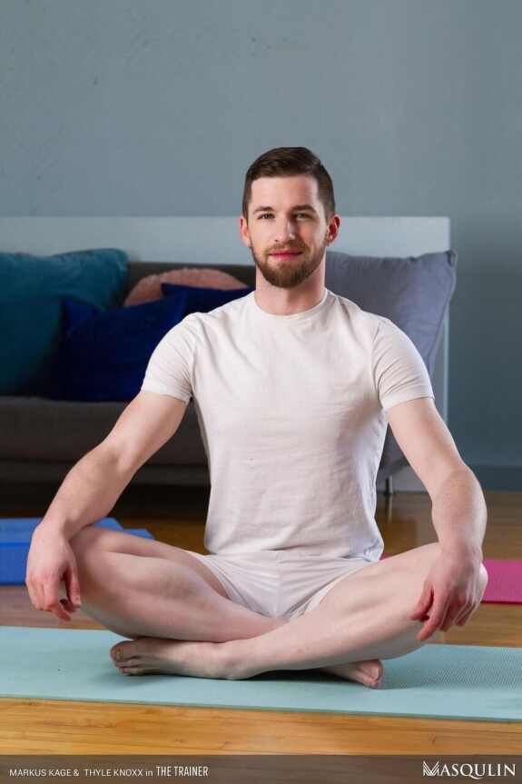 Muscular gay Markus Kage has anal sex with a hot bottom during a yoga session