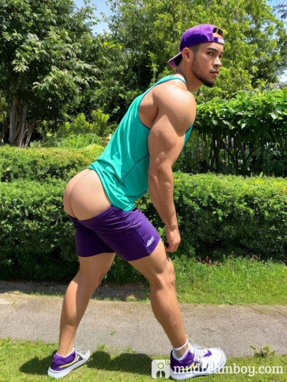 Muscular AI generated gay hunk shows off his big ass in a hot compilation