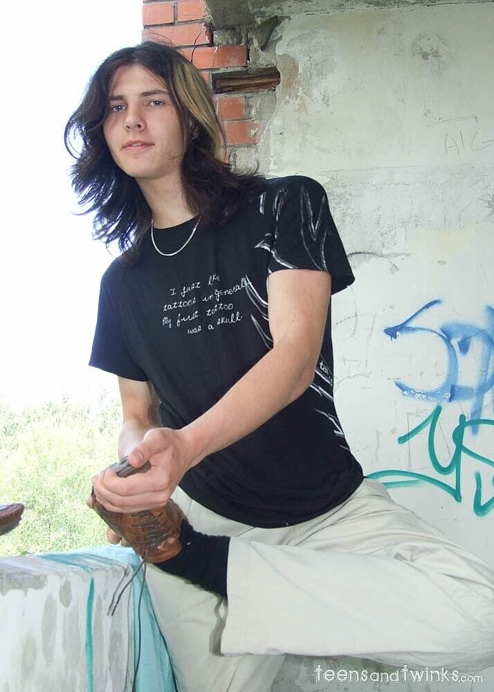 Long haired homosexual twink Joshua suggests his furry frame and huge dick in ruins