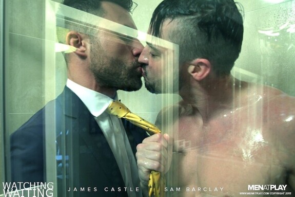 Muscular gay James Castle enjoys some doggystyle anal sex with a hot bottom