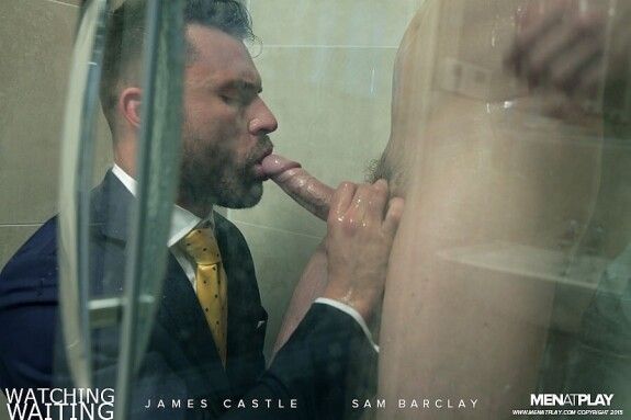 Muscular gay James Castle enjoys some doggystyle anal sex with a hot bottom