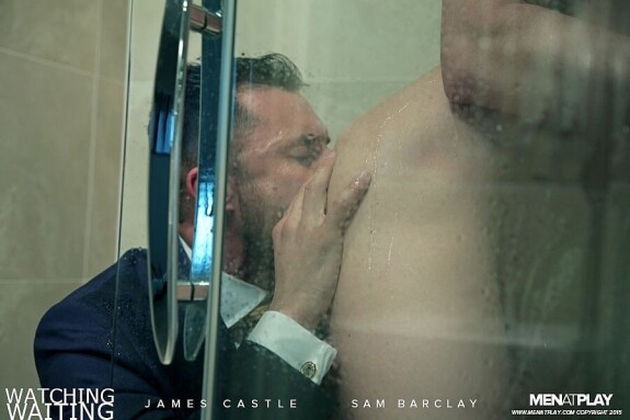 Muscular gay James Castle enjoys some doggystyle anal sex with a hot bottom