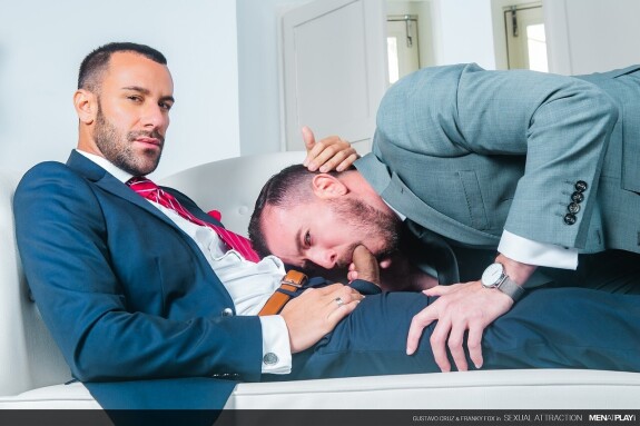 Gay colleagues Gustavo Cruz & Franky Fox have a wild anal quickie at work