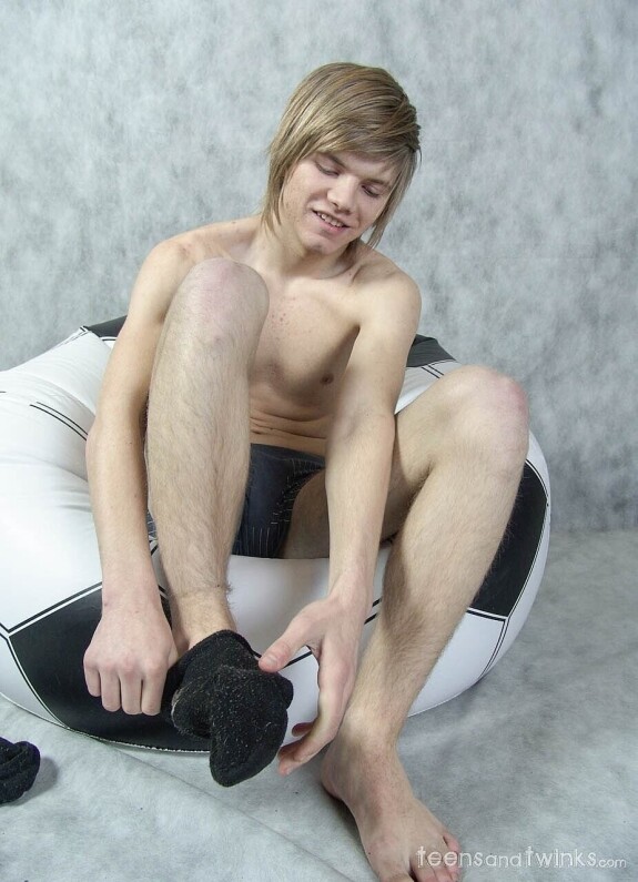 Cute blonde gay boy Raos strips naked, grabs his fat dick and massages it