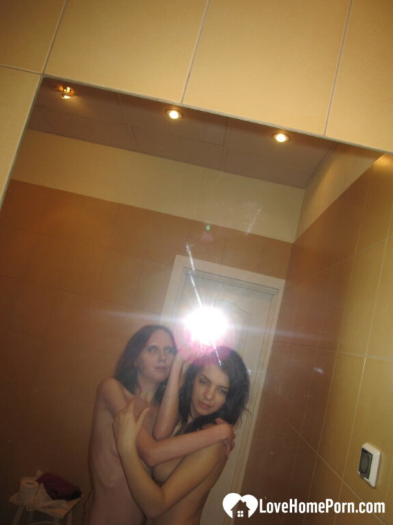 Amateur lesbians fondle each otherand#039;s small tits while posing in the mirror