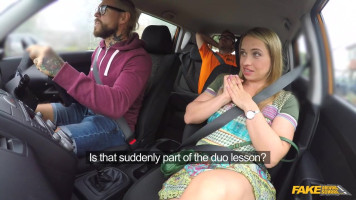 Student is touching his female friend at Fake Driving School