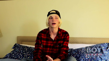 Flannel-loving blonde twink undressing and masturbating