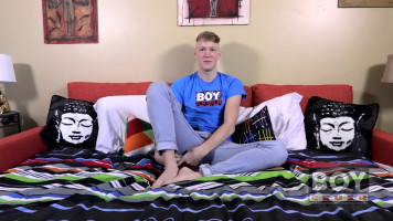 Leggy blonde twink in blue is set to stroke that cock