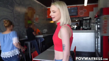 Cute blonde waitress Alice Pin picked up for POV banging