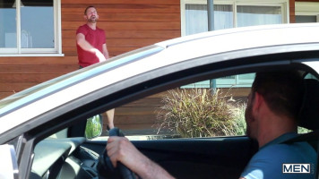 Red t-blouse hunk affirming dominance over his boyfriend