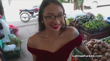 Banging oiled Latina in glasses on casting