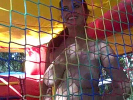 Amazing large-boobed female friend jumps on trampoline even as being bare