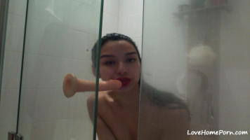 Asian Chick With Hairy Pussy Fuck Herself With A Dildo