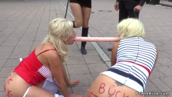 Busty blondes made move slowly in public