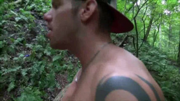 Tattooed muscled friend is getting fucked withinside the woods