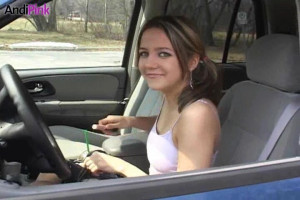 Long-legged teenager Andi Pink enjoys her great lengthy legs in vehicle