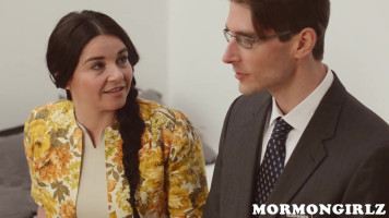 Dark-haired girl is looking after a Mormon businessman