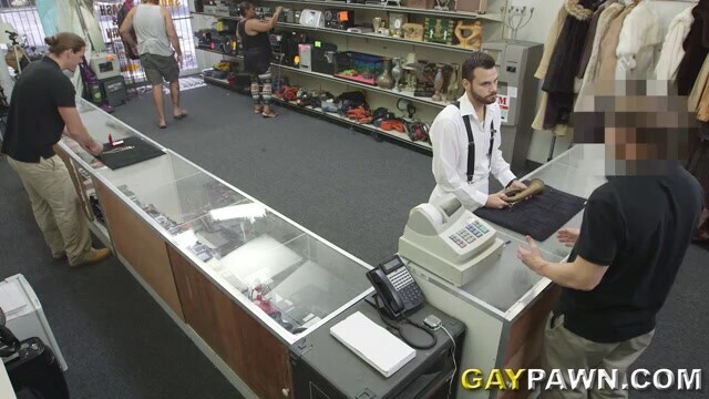 Seductive bearded hunk sucking my dong in the shop