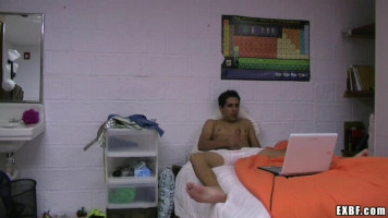 Tanned boy wanking his dick withinside the bed room with the aid of using ExBF studio.