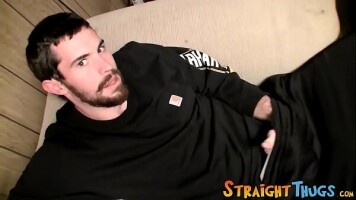 Bearded stud Hunter wanks off and cum blasts on himself