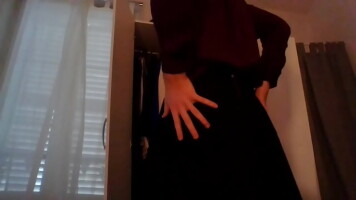 Young amateur cross dresser secretary teasing in sexy blouse and cute black skirt back from the office