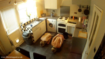 Two bare and submissive chicks ingesting from bowls at the knees