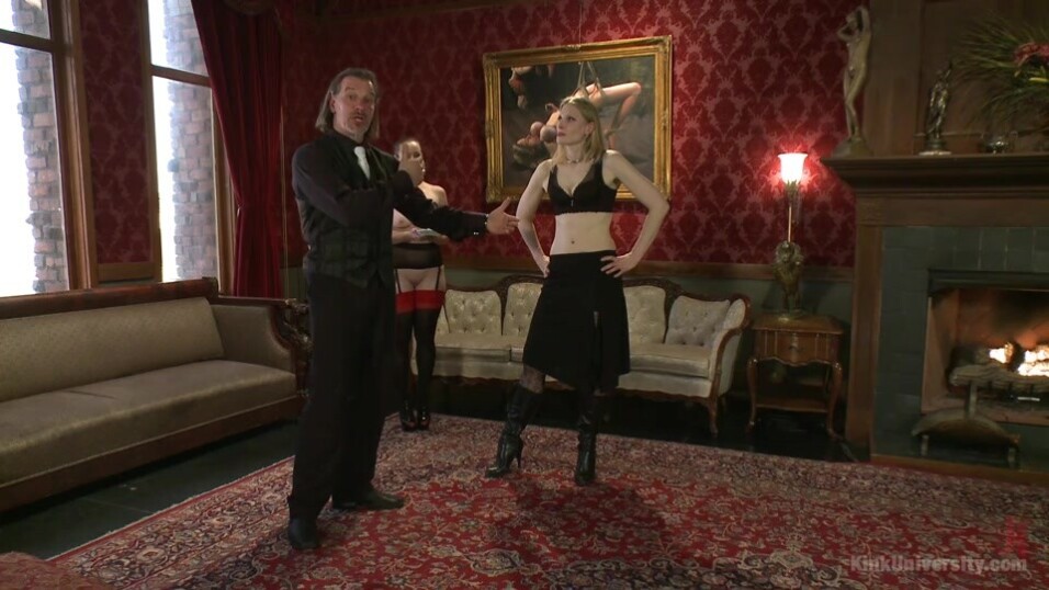 Mistress coaching her maid manners in a mansion