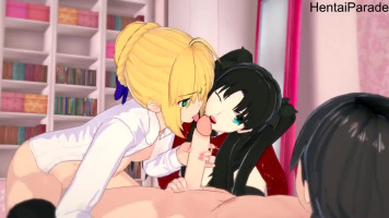 Threesome with Rin Tohsaka and Saber Fate [Hentai 3D]