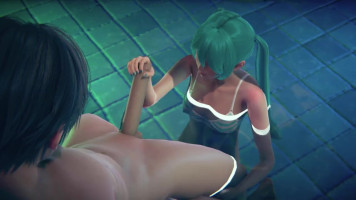 Miku che si masturba con un grosso cazzo, sborra dentro la piscina e in faccia