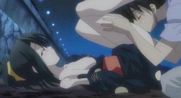 温泉は黒髪のアニメ女の子を受け彼女の滑りなめ
