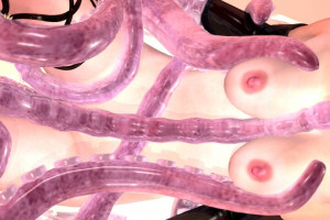 Tentacoli umidi avvolgono leggermente la femmina in 3 dimensioni con calze nere.