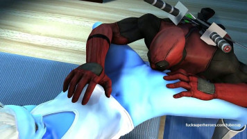 Cartoon Deadpool skillfully licking pussy of horny blue lady