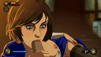 Une femme brune sexy de Bioshock en bas noir suce une énorme bite